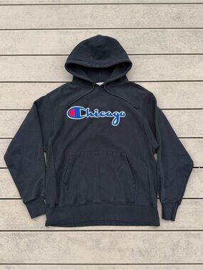 Champion Reverse Weave Hoodie Chicago Logo Pullover Black Sz Large Heavyweight
